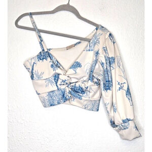 Carolina Pinilla Womens Grace Top Medium Blue One Shoulder Puff Sleeve Cropped‎